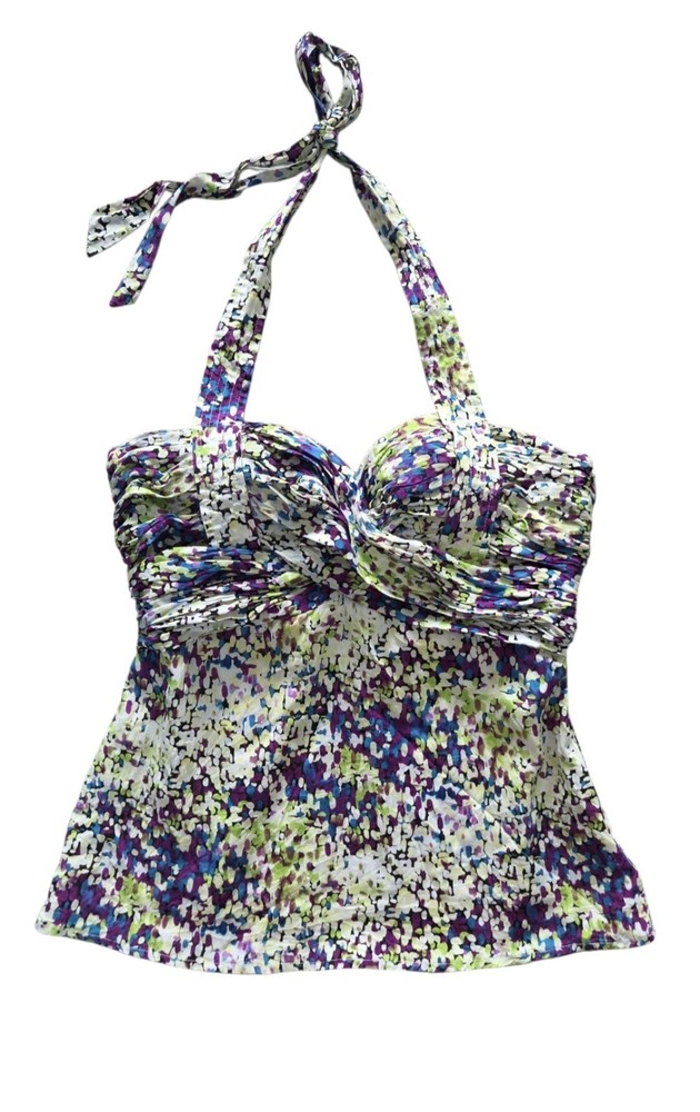 Vintage Y2K Bebe Silk Spotted Halter Top S Purple Green Bustier Pin Up Retro