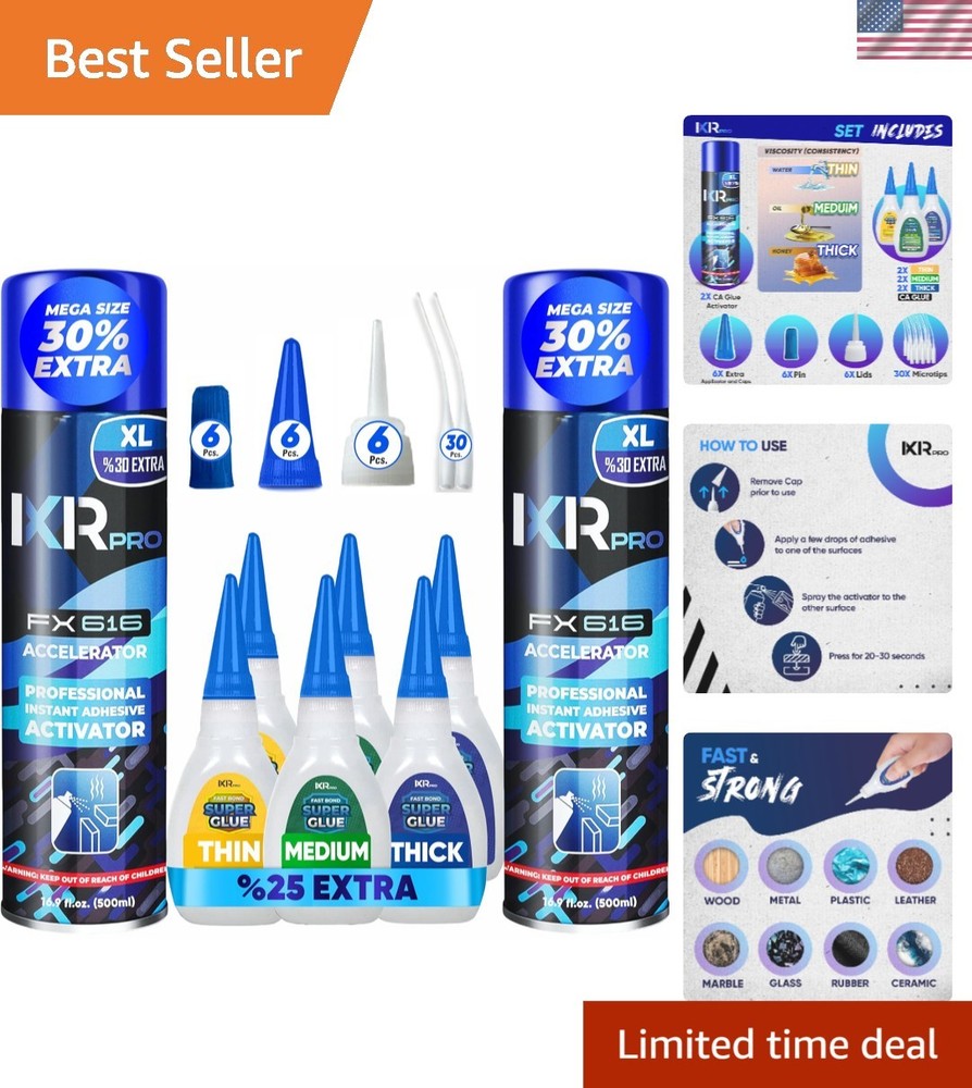 Rapid Bonding CA Glue Kit - Thin, Medium, Thick + Instant Spray Accelerator, 8ct