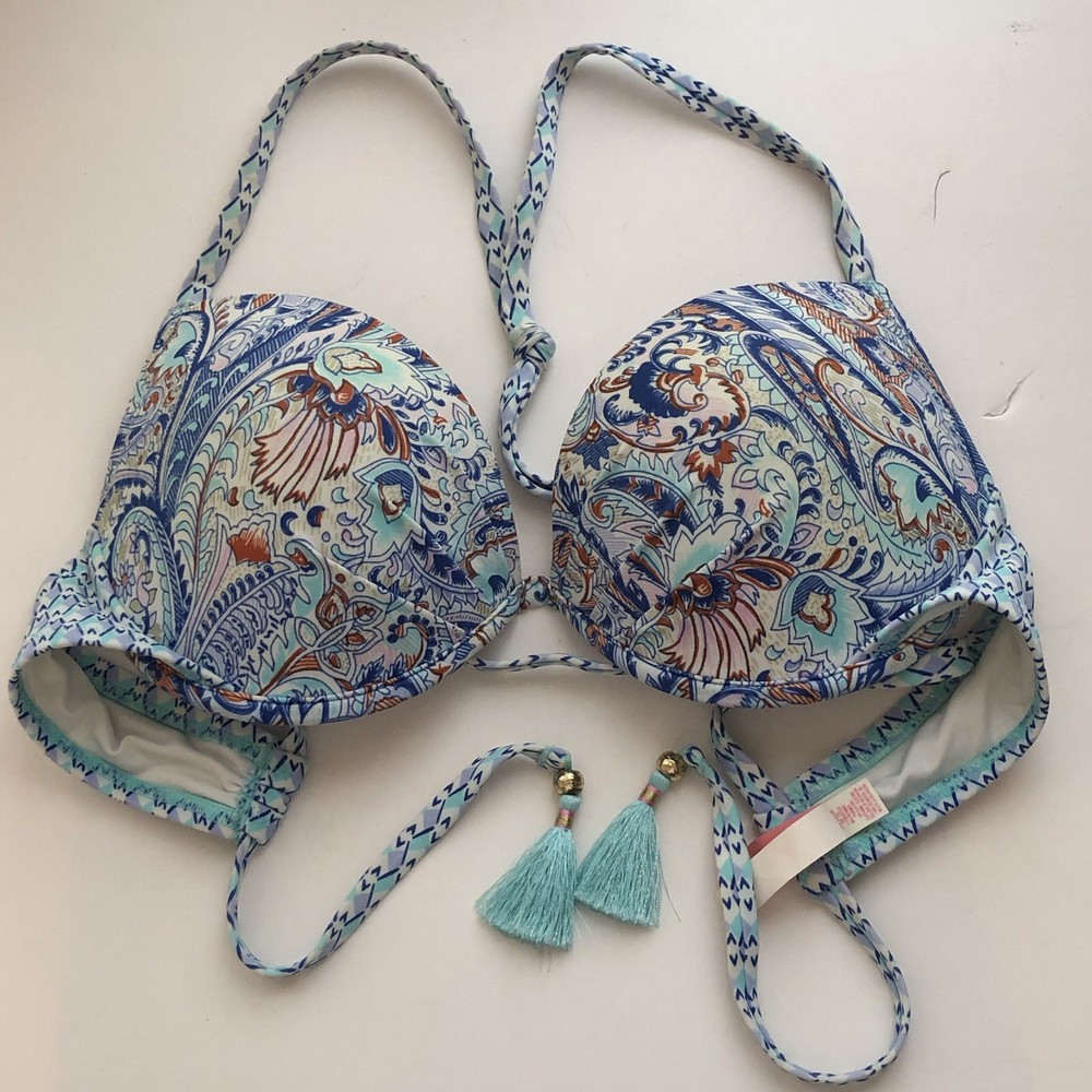 Victoria Secret Paisley Bikini Top Bra Tassels The Fabulous Underwired 36C Blue