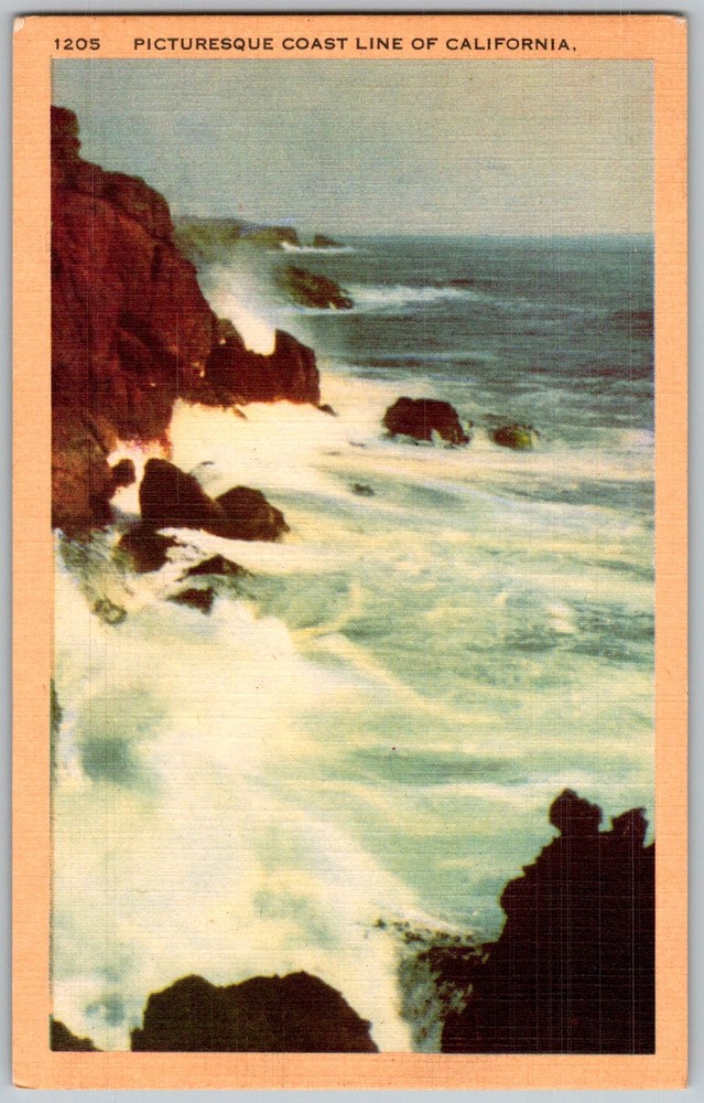 Vtg Linen Postcard Coastal Cliffs & Breakers California, US 1930s