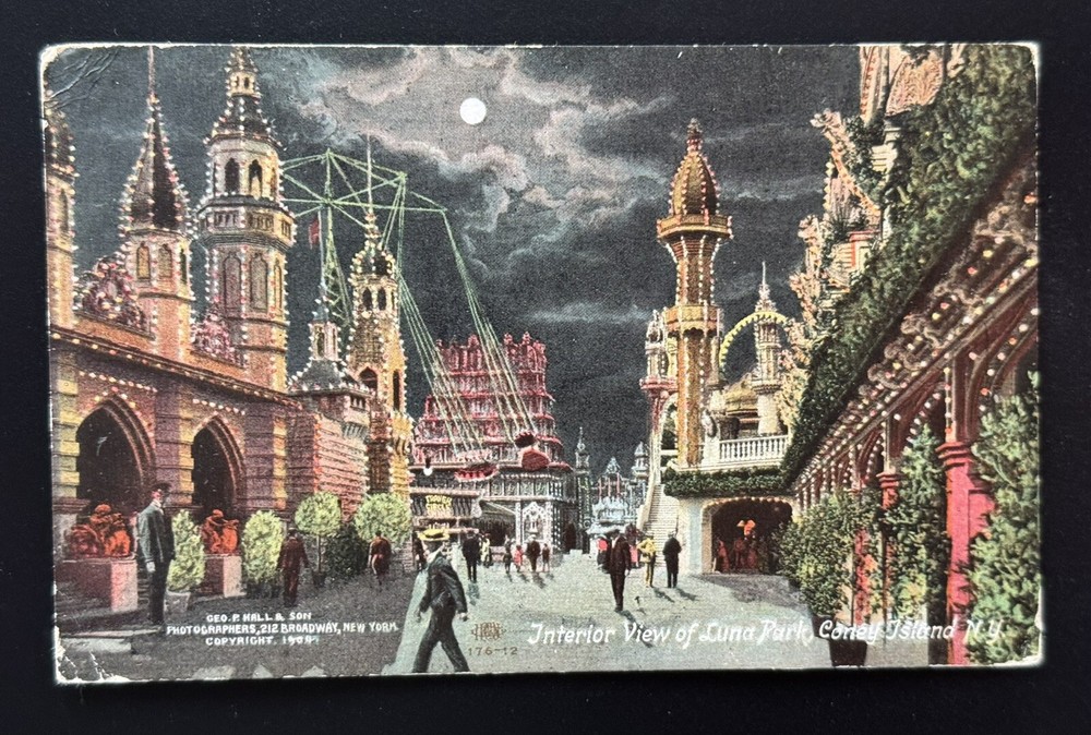 1908 NY Postcard New York City Coney Island Luna Park Interior View night moon