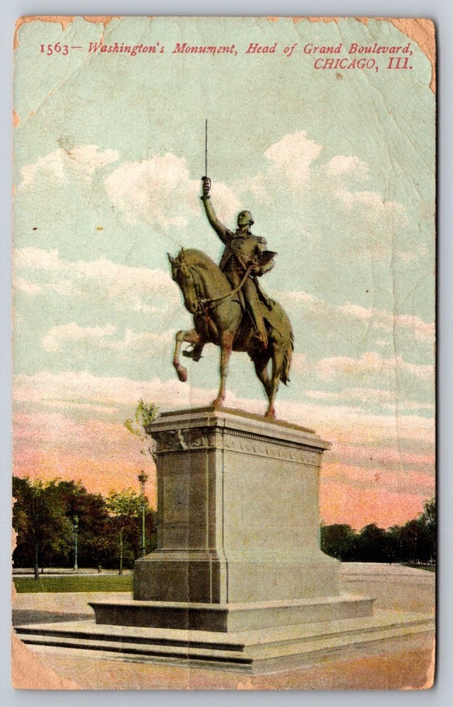 Chicago Illinois Postcard Washington Monument Grand Boulevard USA Posted