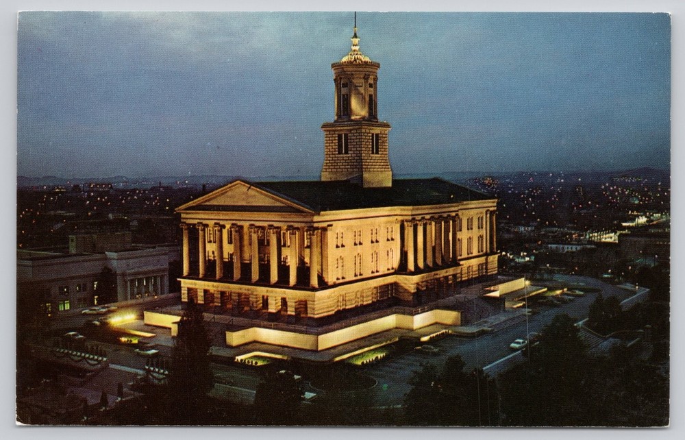 Tennessee State Capitol Nashville at Night Vintage Curteichcolor Postcard