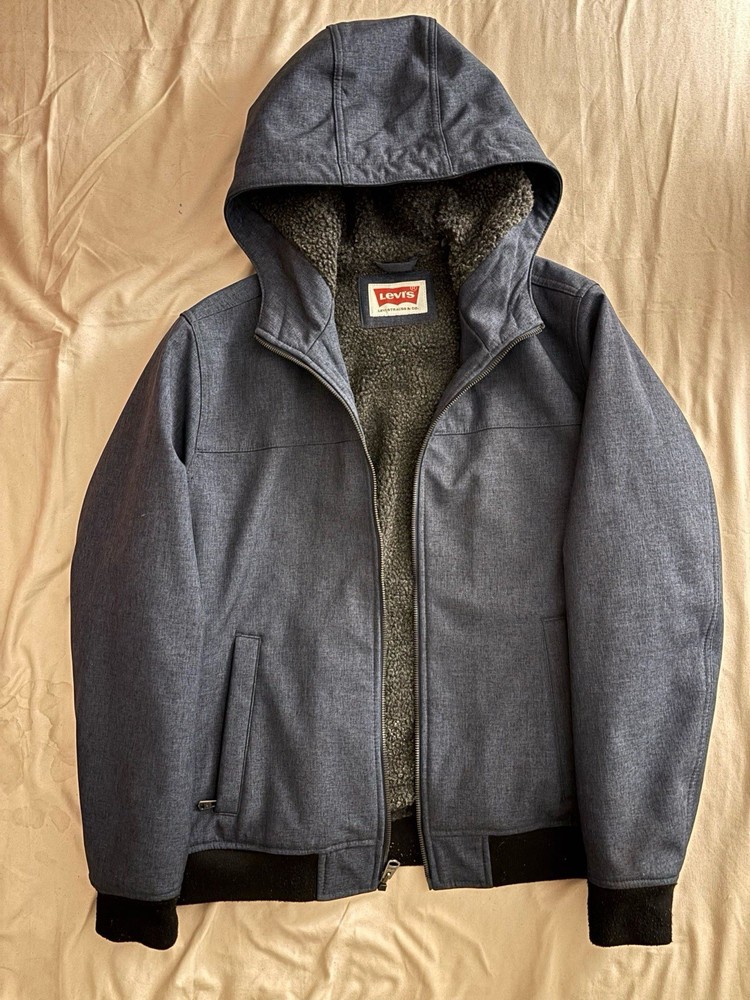 Levis Jacket Sherpa Fleece Lined Medium Blue Hooded Zip Parka Warm Outdoor Mens