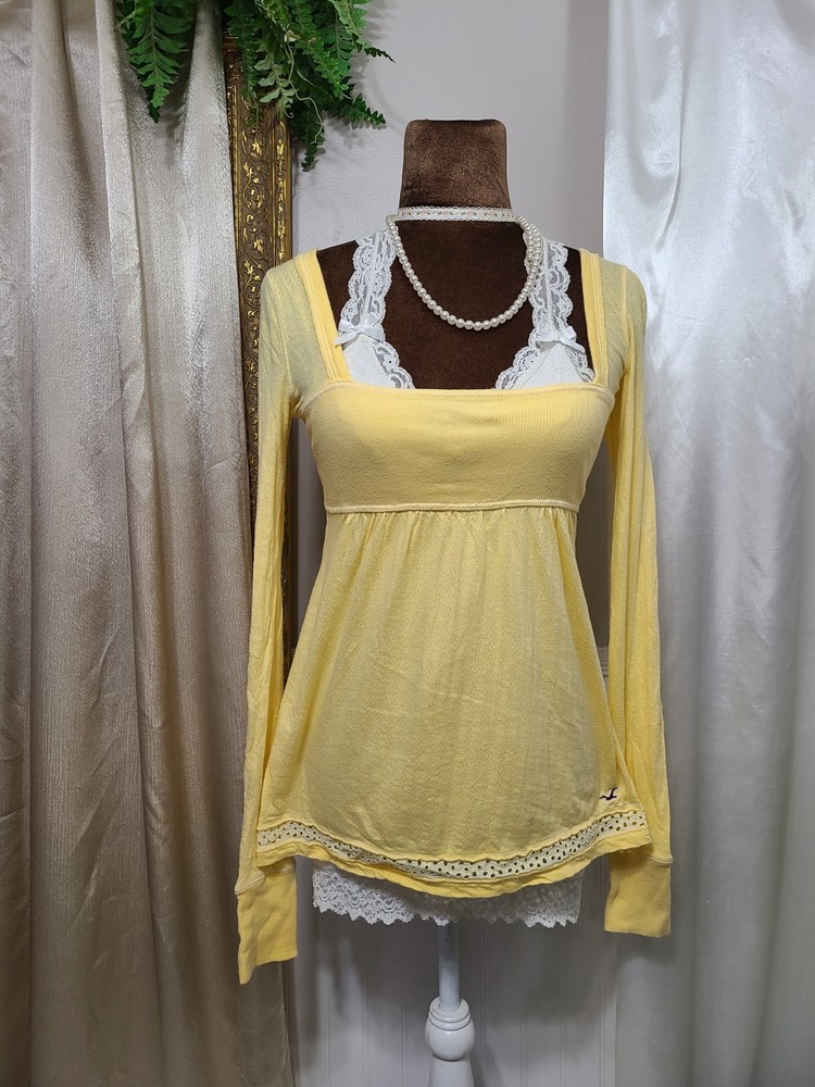 Rare ♡ Y2K ♡ Hollister Yellow Square Neck Pointelle Babydoll Long Sleeve Top