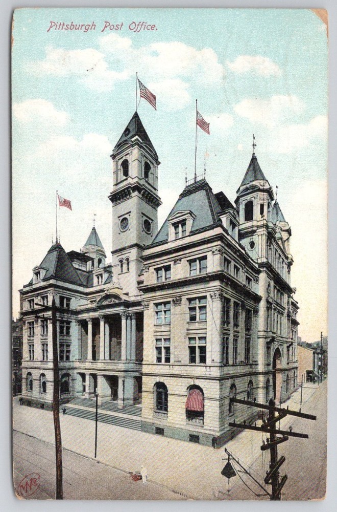 1908 Pittsburgh Post Office Pennsylvania PA Vintage Postcard Posted