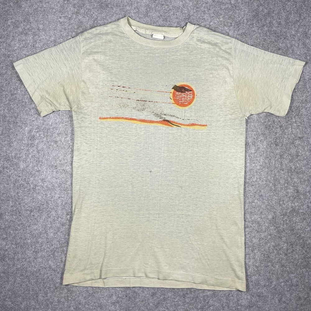 VTG 70s 80s Abstract Art Graphic T-Shirt L Ched Paper Thin Faded Thrashed USA-image