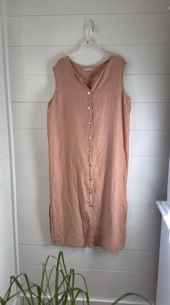 Bryn Walker Coral Pinstripe Sleeveless Shirt Dress 100% Linen Button Front Large