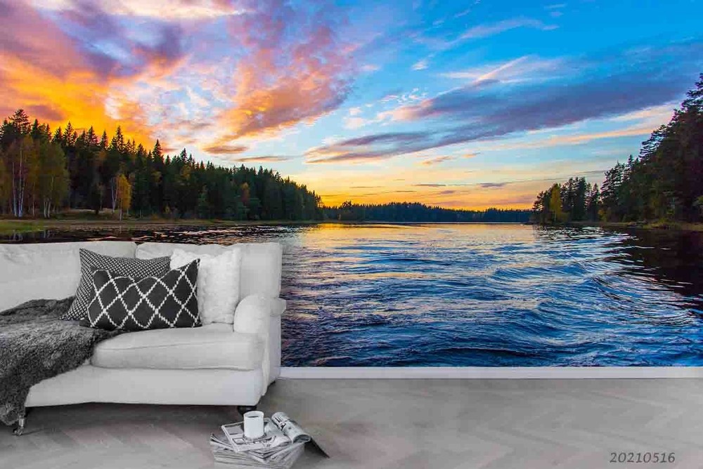 3D Sky Forest Lake Sunset Landscape Wall Murals Wallpaper Murals Wall Sticker