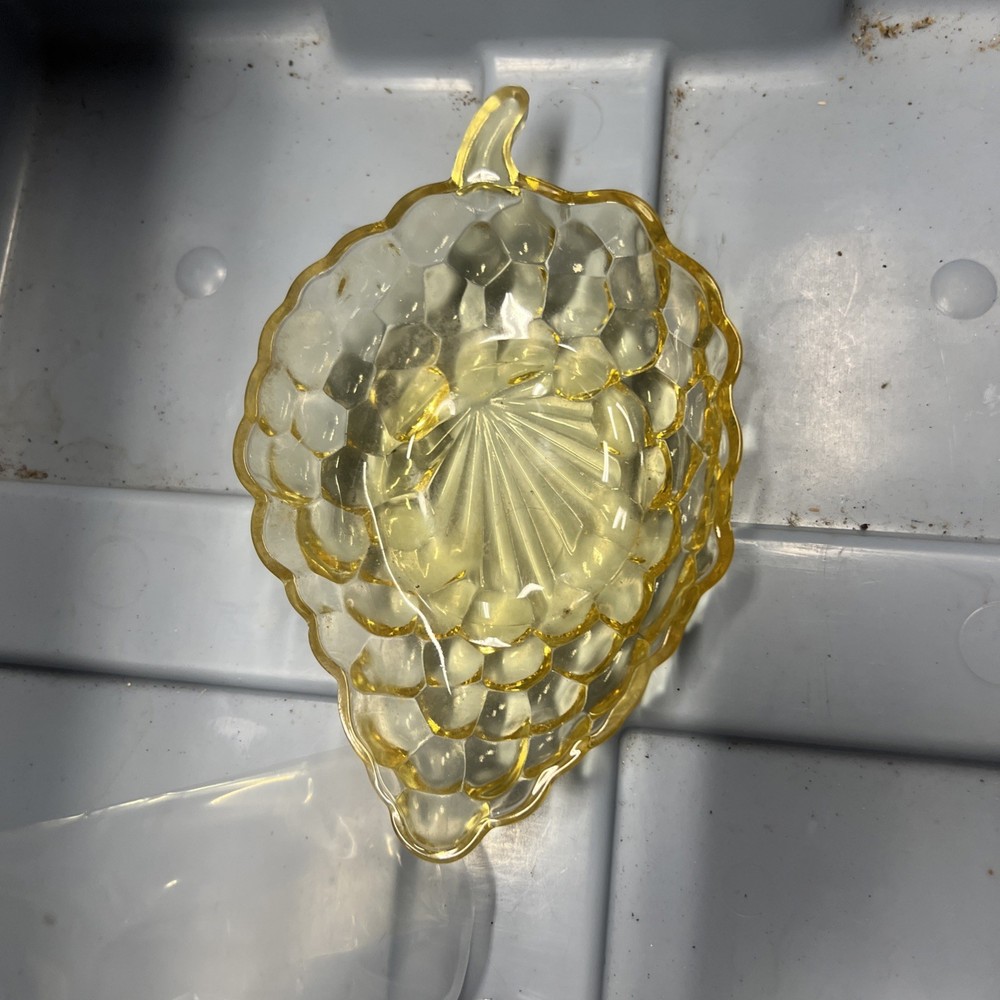 Vintage 1940’s Anchor Hocking Grape Shaped Yellow Amber Glass Nut Candy Dish