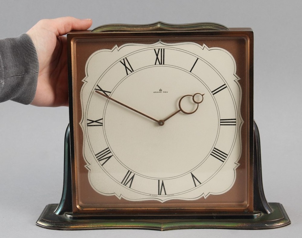 Large Vintage MCM Silverplate Imhof GRAND REX 8 Day Swiss 15 Jewel Mantel Clock8.5in Tall ...Working Mechanical Movement ...NO RESERVE