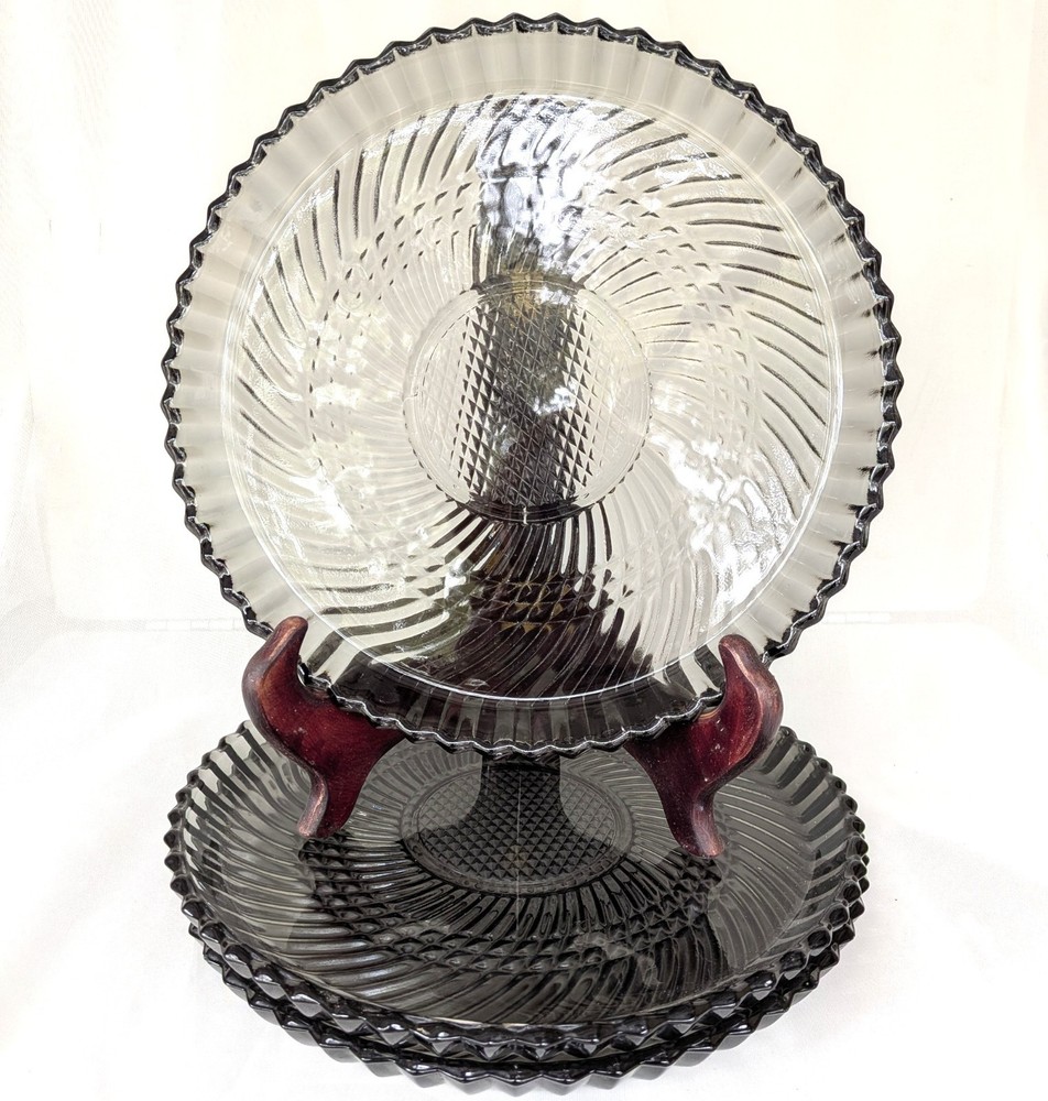 Vtg Libbey Smokey Gray Swirl Diamond Glass 10” Dinner Plates - Set of 3