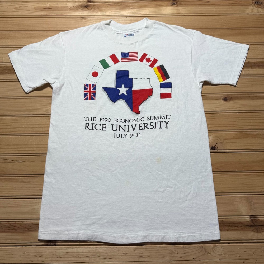 Vintage 1990 Economic Summit Rice University Texas Flags T-Shirt USA Made Large