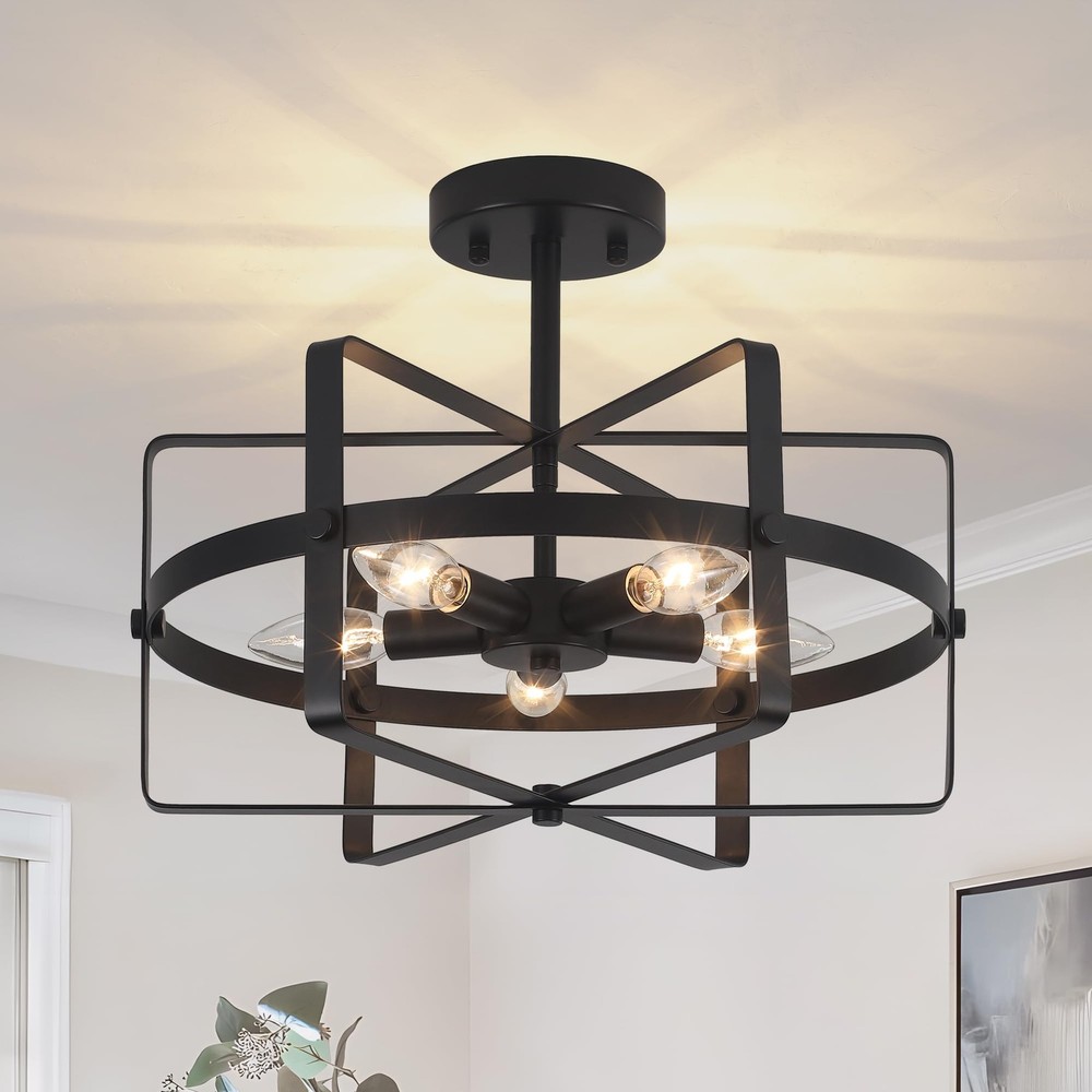 5-Light Modern Farmhouse Semi Flush Mount Ceiling Fixture in Black 12.6 Inch