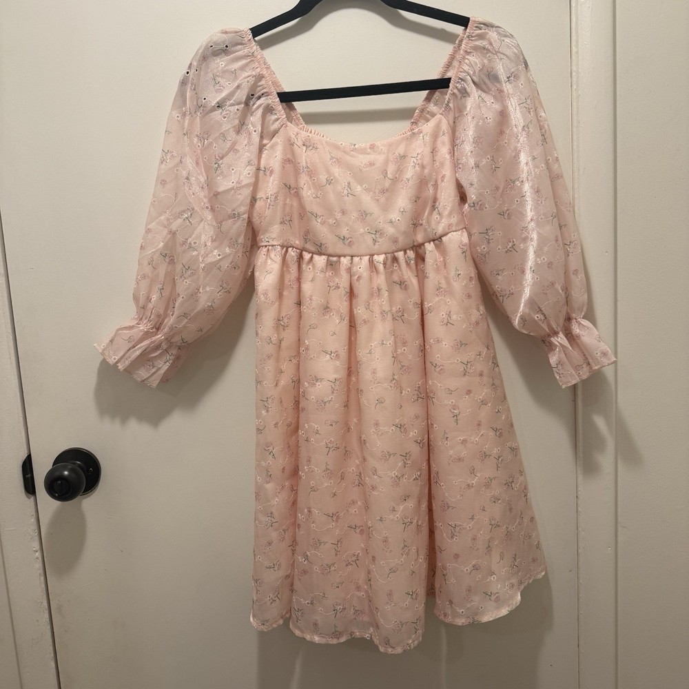THIRTY THIRTY Pink Floral Babydoll Mini Dress Bubble Sleeve Cottagecore Romantic