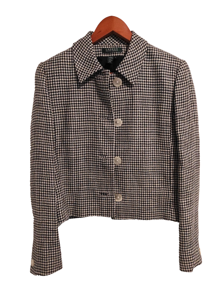 VTG Ralph Lauren Short Jacket Black White Houndstooth 100% Linen Lined Blazer