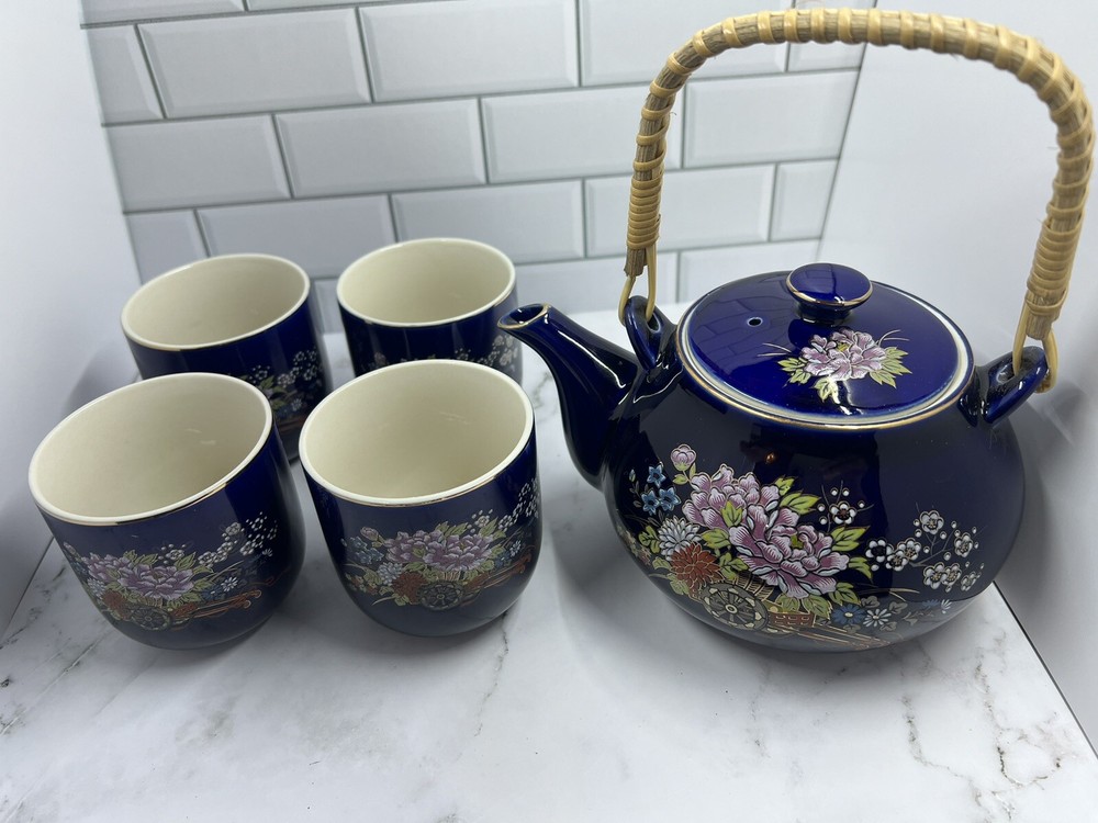 Kutani Tea Set 5 Piece Cobalt Blue Floral Asian Chinese ￼￼￼
