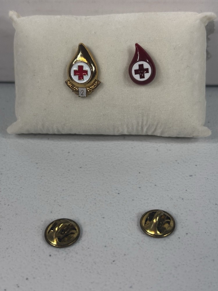 Gold Toned Metallic Red Cross  2 Gallon Blood Donor & Logo Lapel Pin