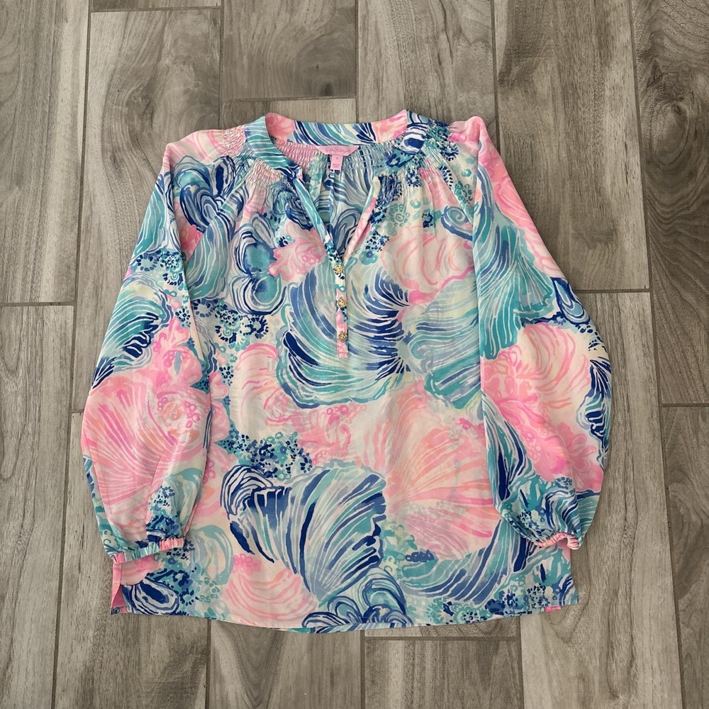 Lilly Pulitzer Womens Colorful Elsa Balloon Sleeve Silk Top Size S Resort Preppy