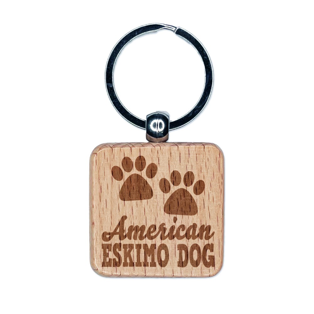 American Eskimo Dog Paw Print Engraved Wood Keychain Charm