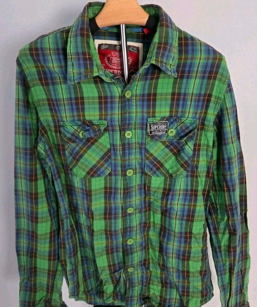 Superdry Plaid Button Down Shirt Women’s Size Small Green Blue Flannel Cotton