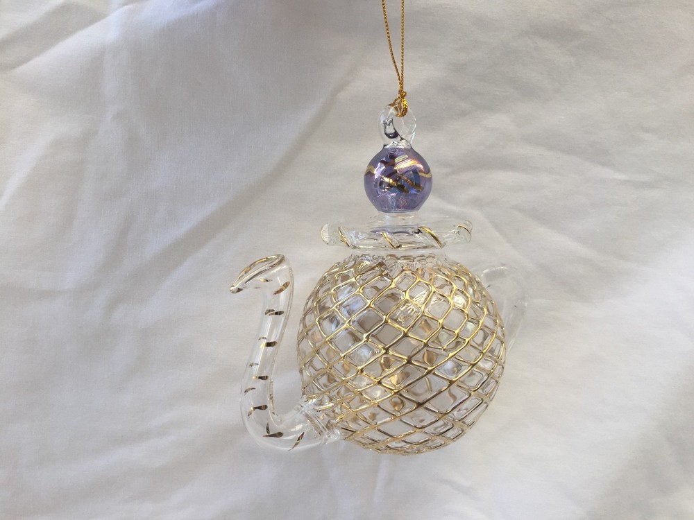 Egyptian Handmade 24k Gold Accent Glass Christmas Ornament Tea Pot 4.75
