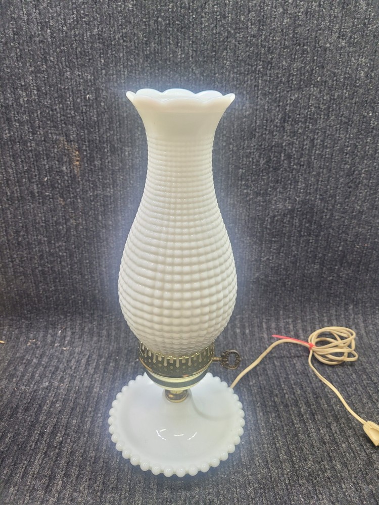 White Milk Glass Hobnob Table Lamp Hurricane Vintage 14” Tall Vintage