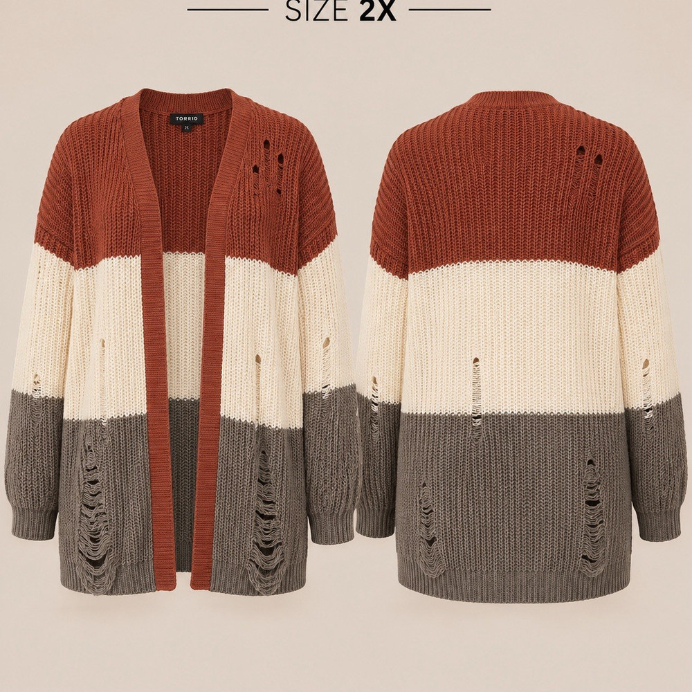 Womens Plus 2X Colorblock Open Front Distressed Knit Long Sleeve Cardigan