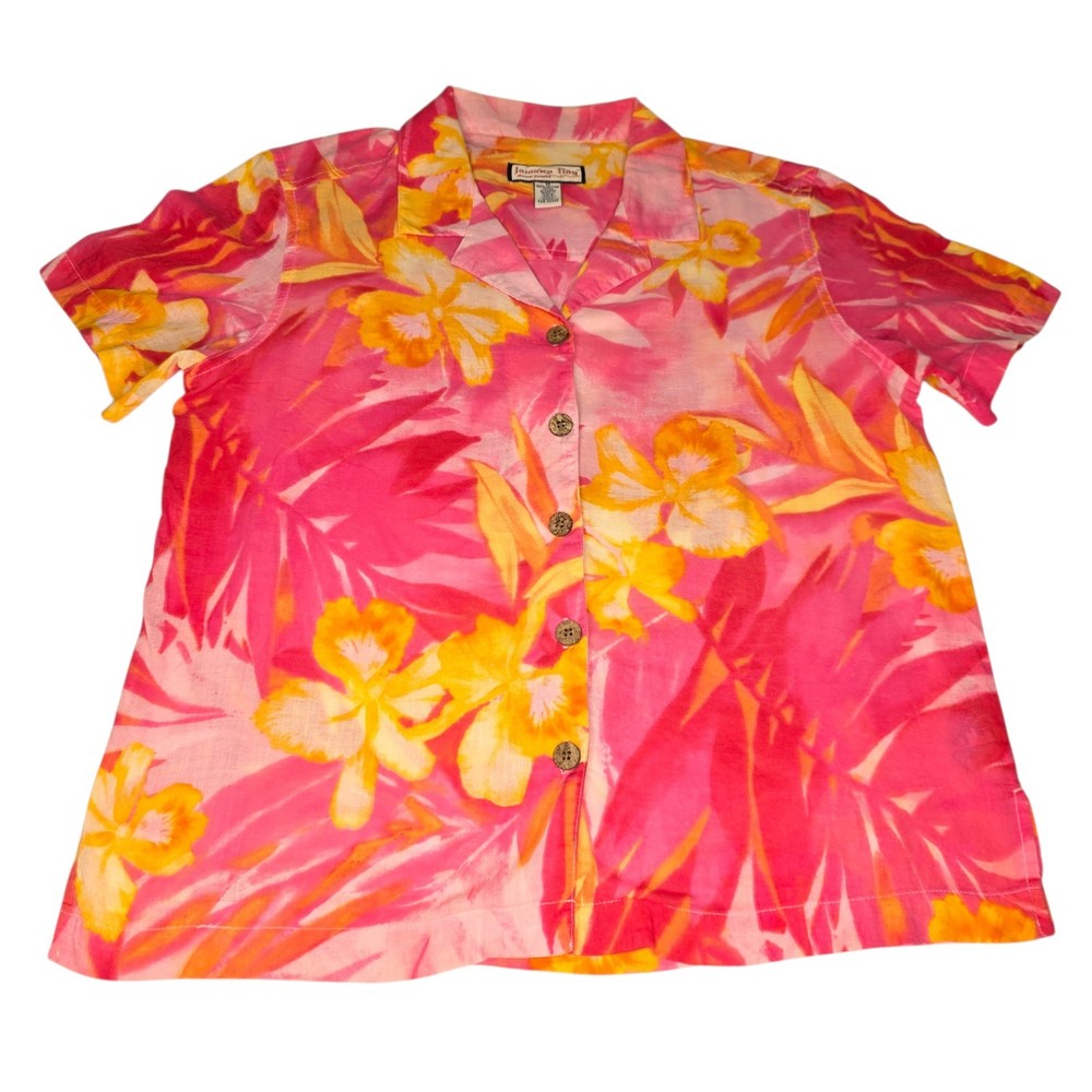 Jamaica Bay Womens Tropical Floral Shirt Medium Short Sleeve Pink Orange Yellow