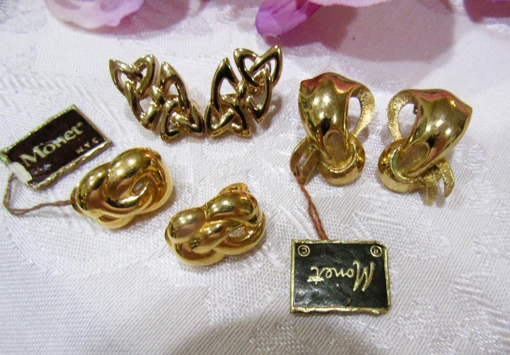 Lot of Three Pairs Vintage Monet Gold Plated Earrings Mid-Century 1950's 1960's