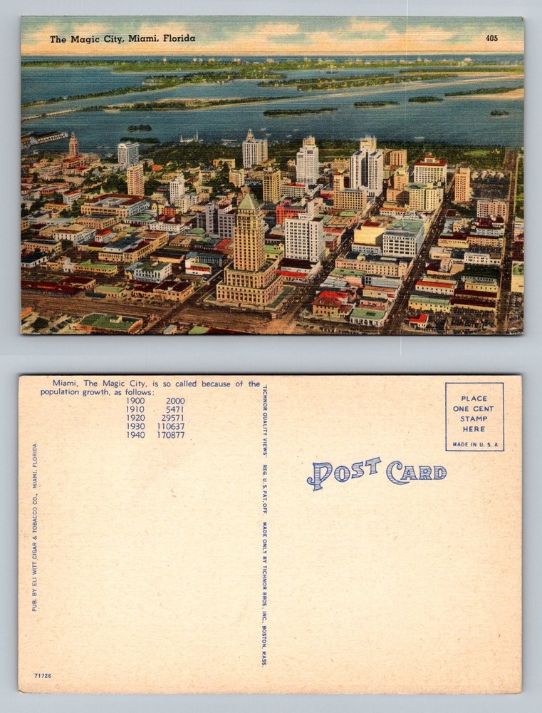 Miami, FL-Florida, Aerial The Magic City Skyline Biscayne Bay Vintage Postcard