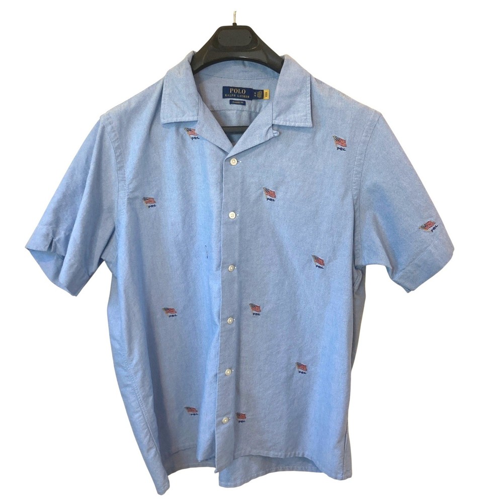 Polo Ralph Lauren Shirt Men XL S/S Blue Embroider American Flag AOP Oxford NWOT