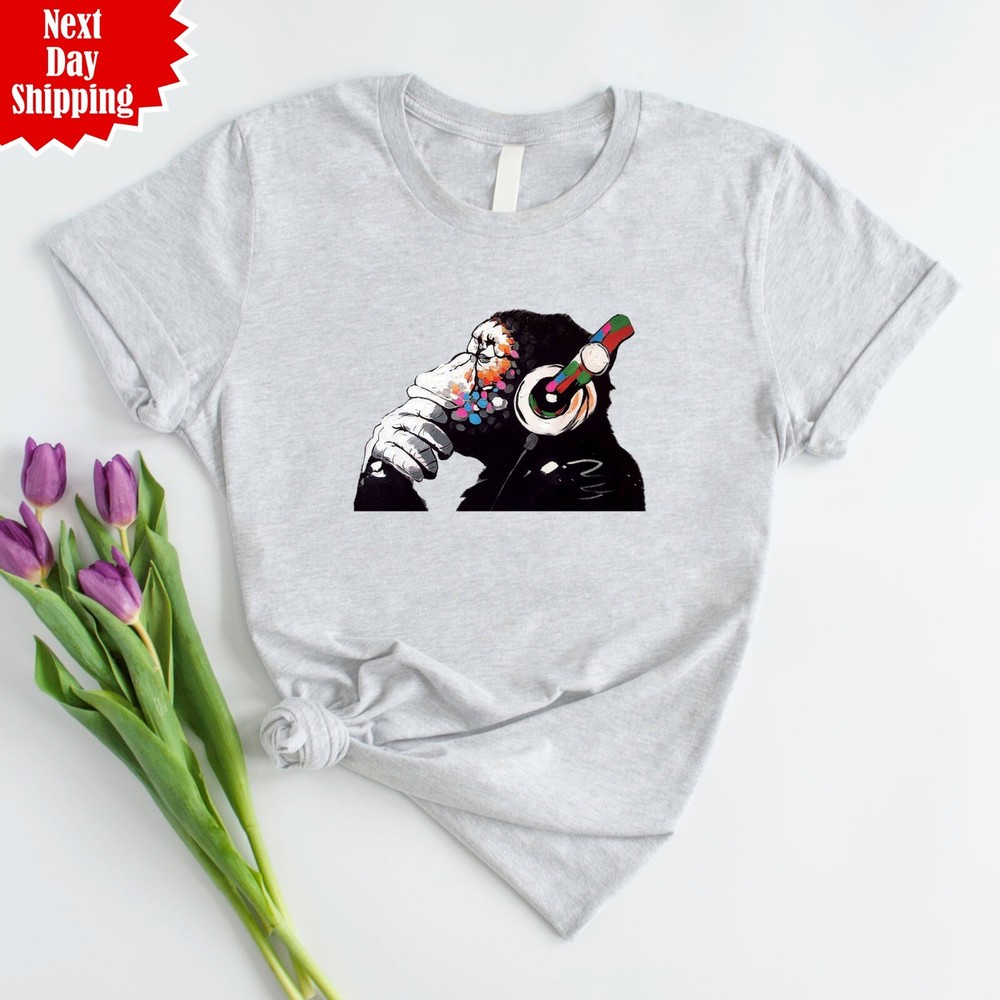 Monkey DJ Banksy Mens T Shirt Cool Art Printed Animal Lovers Funny Crew Neck Top