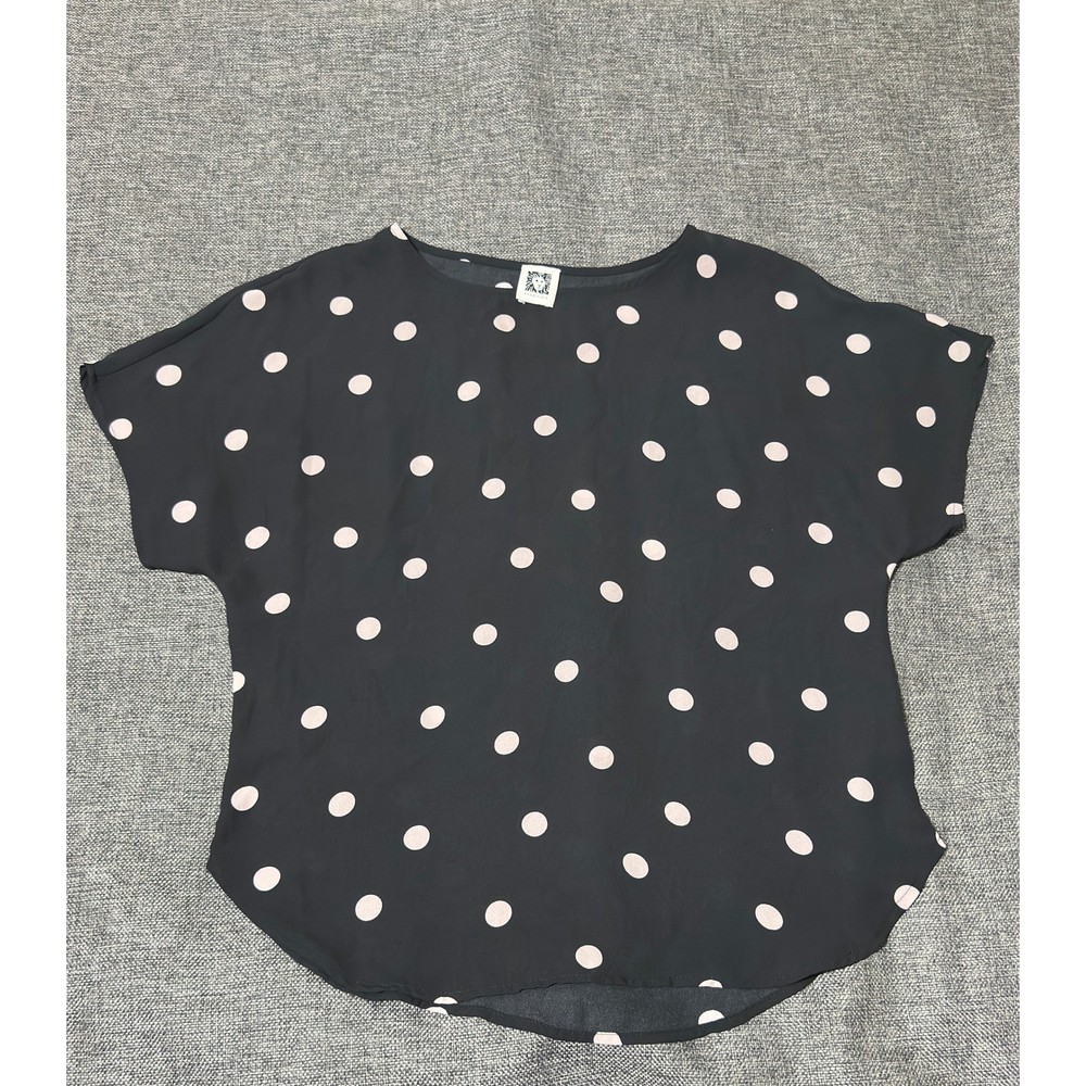 Anne Klein Womens M Blouse Black Pink Polka Dot Short Sleeve Scoop Neck Pullover