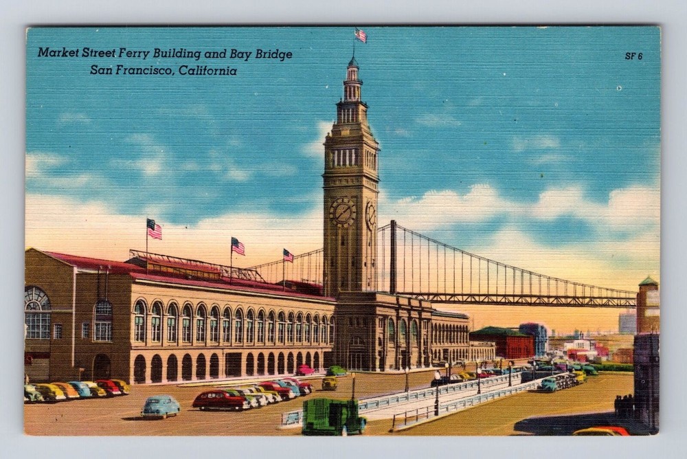San Francisco CA-California, Ferry Building, Bay Bridge, Vintage Postcard