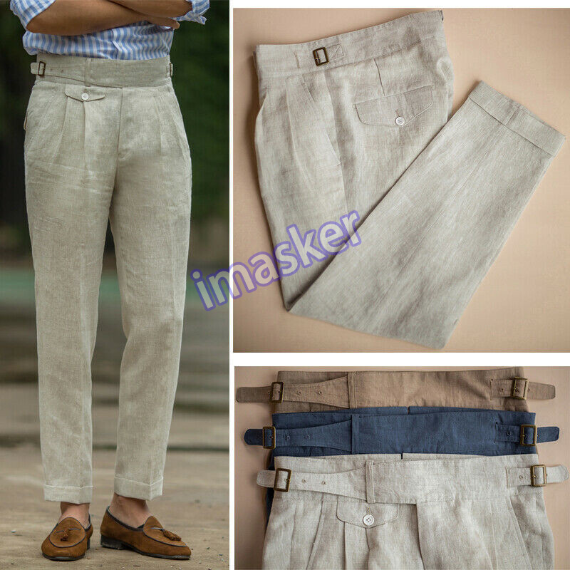 Men's Retro Gurkha Linen Pants High Waist Casual Business Trousers Straight Fit