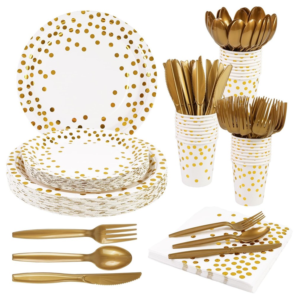 175PCS White Gold Party Supplies - Gold Dot Disposable Party Dinnerware Set I...