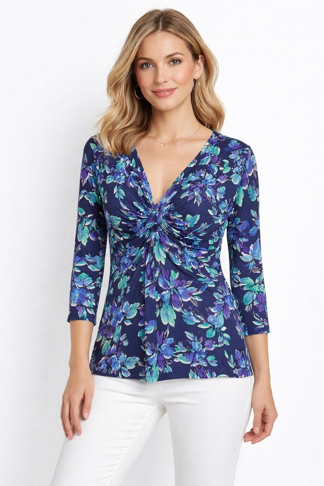 CHAUS New York Twist Front Floral Blouse Women’s Size L Blue Green Stretch V-Nec