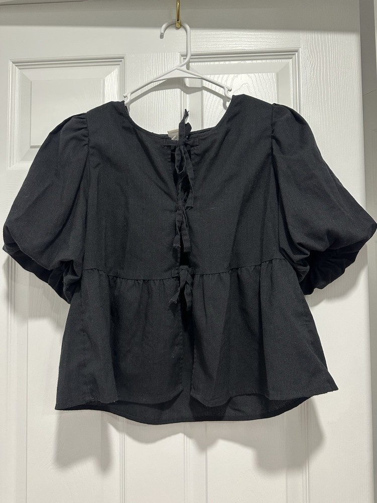 A New Day Women’s Black Puff Sleeve Tie Front Ruffle Lined Blouse S