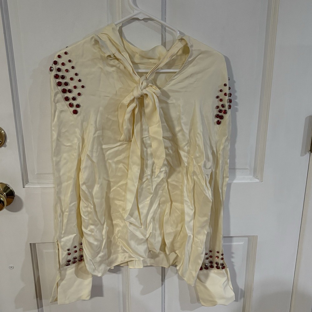 Zara Satin Effect Jewel Cream Red Blouse Medium
