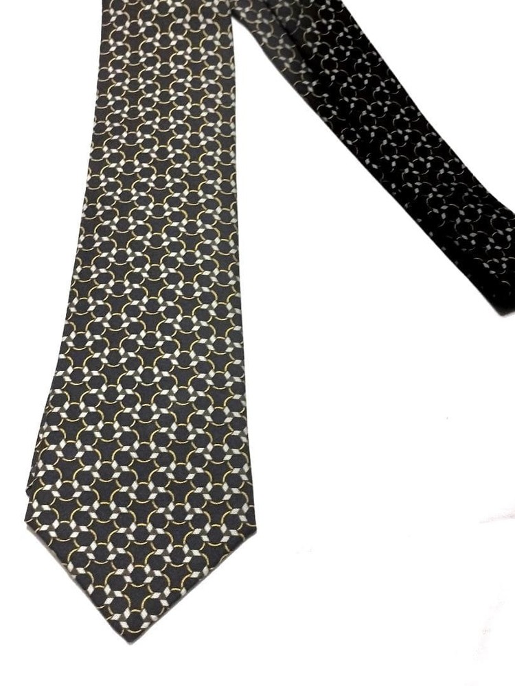 HERMES Necktie Tie 100% Silk Made in France Authentic Geometric Navy Yellow