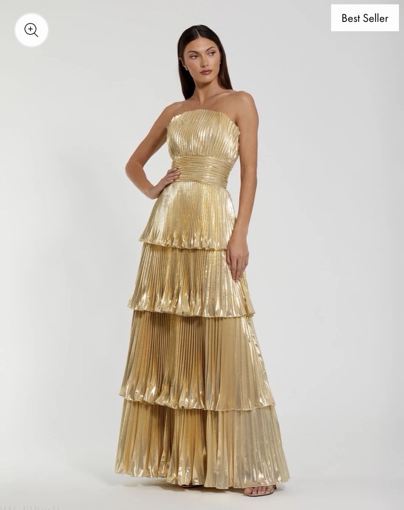 Mac Duggal Gold Strapless Pleated Metallic Layered Ruffle Gown Size 6 NEW