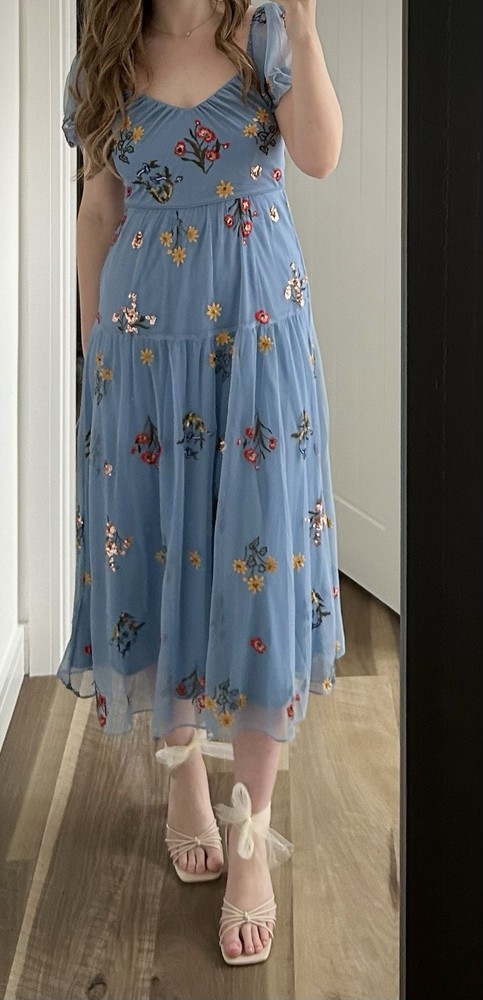 Women’s Monsoon Floral Dress Size UK10 Blue Midi Length Wedding Birthday Dress