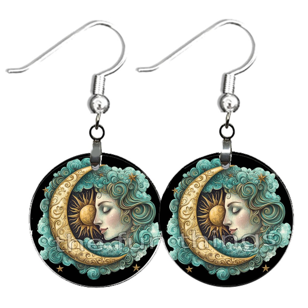 Bohemian Watercolor Sun Crescent Moon Earrings NO TARNISH Wood Celestial Art