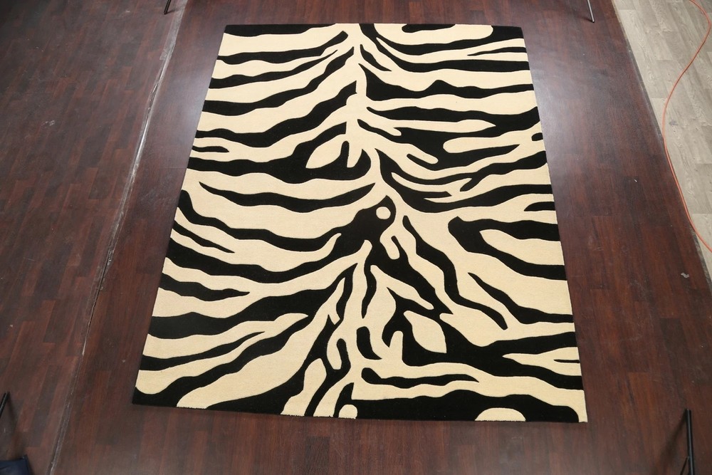 Zebra Animal Print Oriental Area Rug Hand-Tufted Wool Ivory/ Black Modern Carpet