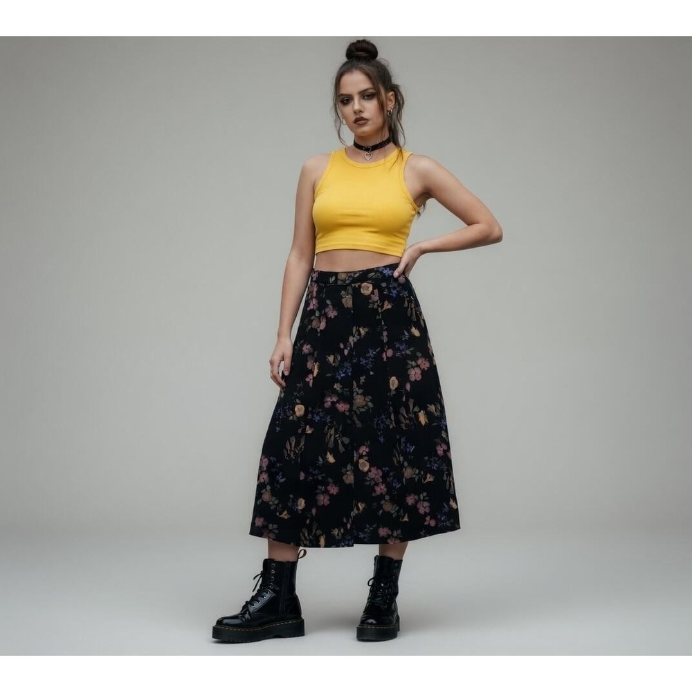 Vtg 90s Grunge Skirt Women L 12 Floral Midi Made in USA Black Yellow Blue