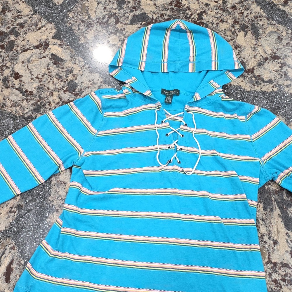 Ralph Lauren Women’s XL Striped Hoodie Lace Up Top Blue Multicolor Long Sleeve