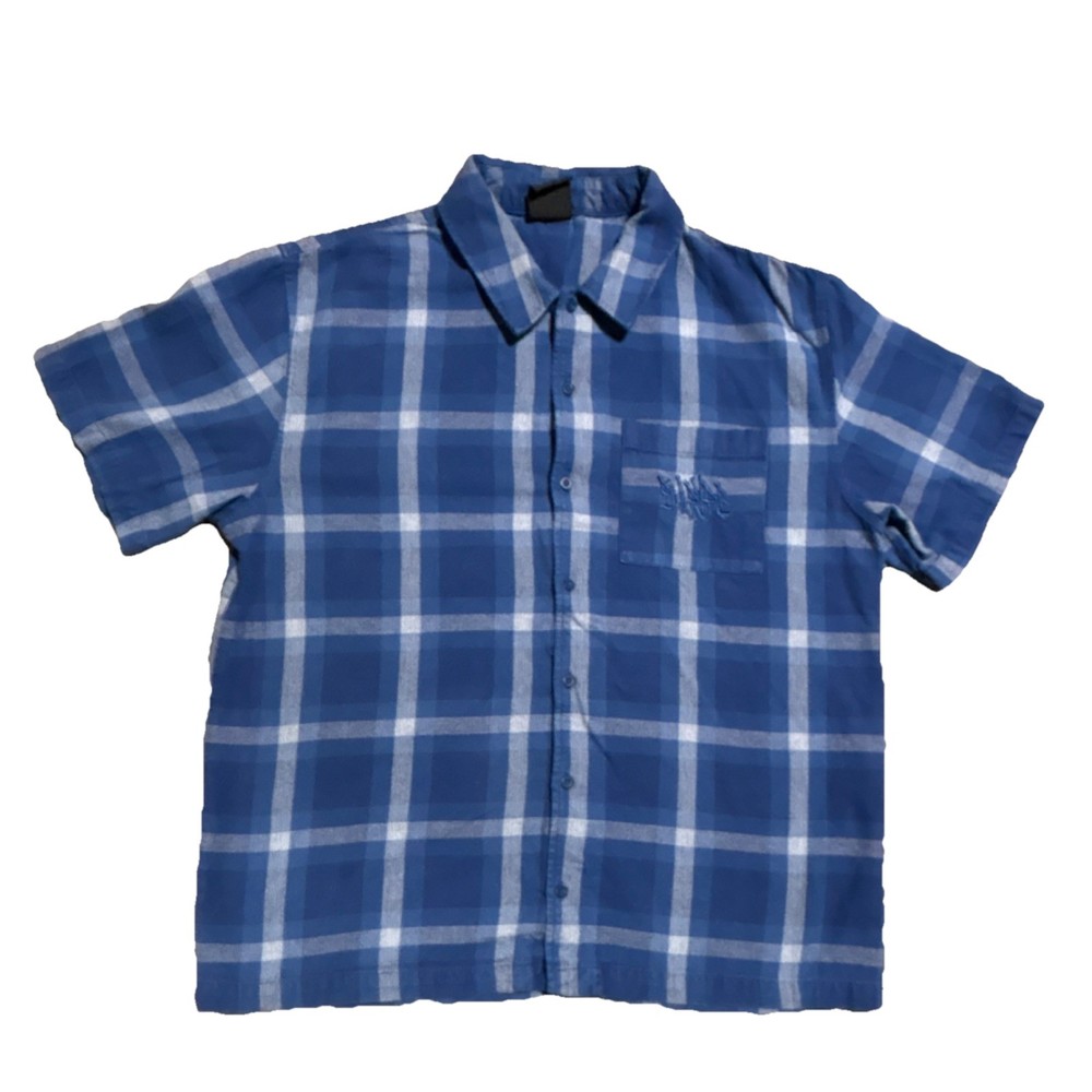 Empyre Blue White Plaid Short Sleeve Woven Button-Up Shirt Men's Size L