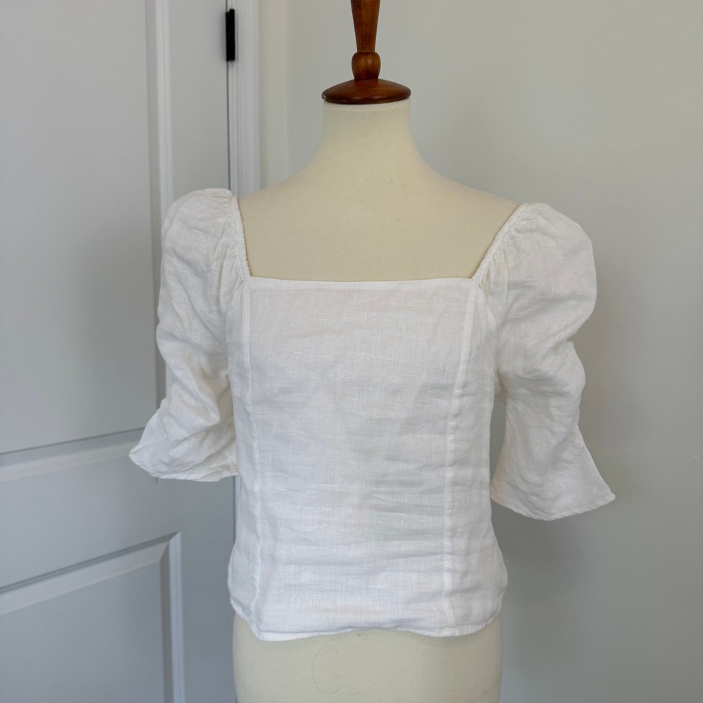 Rachel Zoe White 100% Linen Puff Sleeve Smocked Back Blouse Top Womens Large