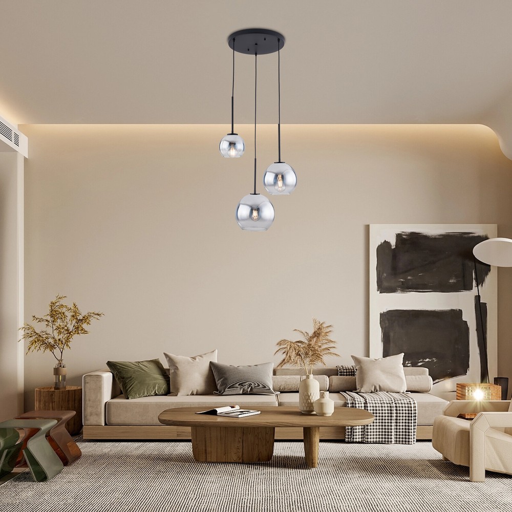 Modern 3-Light Silver Gray LED Globe Pendant with Adjustable Length